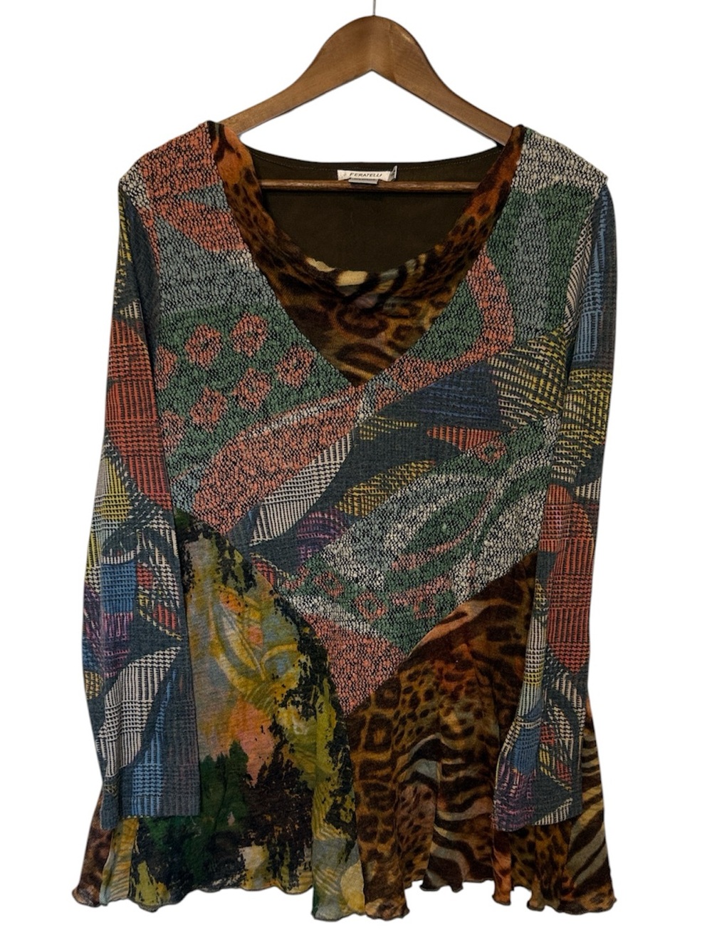 Vintage Feratelli Long Sleeve Abstract Patchwork Shirt Lined Animal Print L